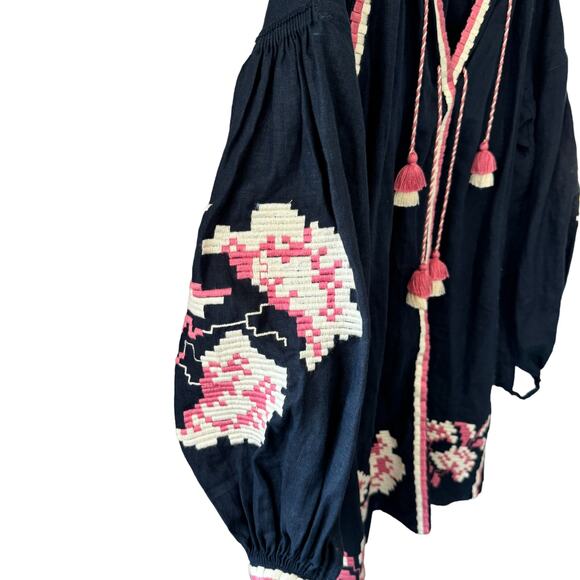 March11‎ Embroidered Linen Tassel Mini Dress Navy Blue Floral Size XS - Picture 6 of 11